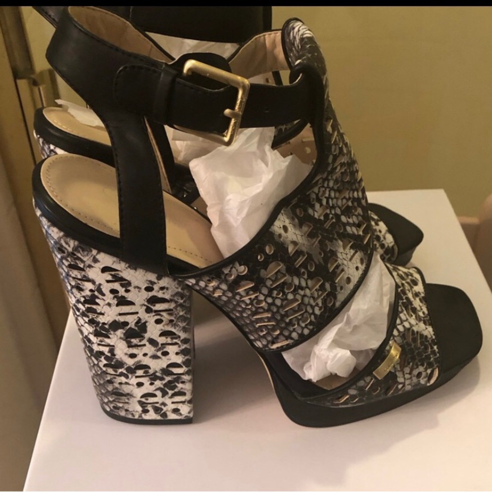 Calvin Klein Black & White Snake-Print Block Heel Sandals
